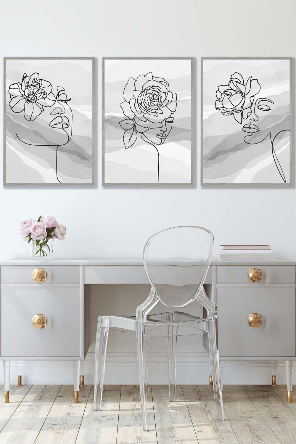 Set of 3 Light Grey Framed Female Line Art Floral Faces on Grey Wall Art